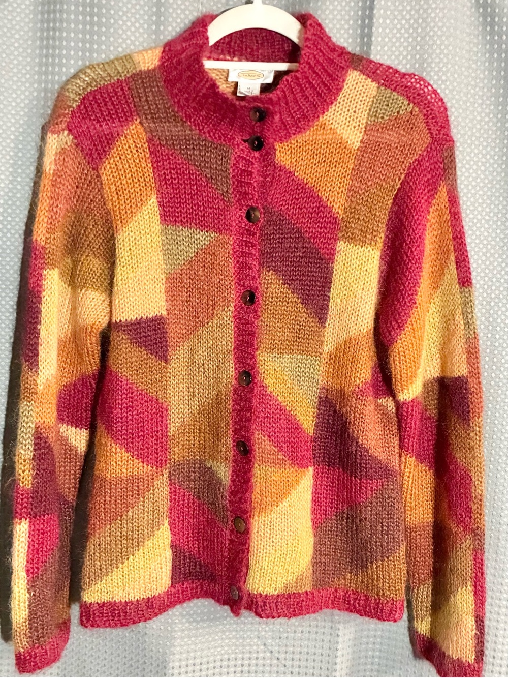 Vintage Talbots Color block Mohair Cardigan Sweater Sz M Fall Colors Soft Luxury